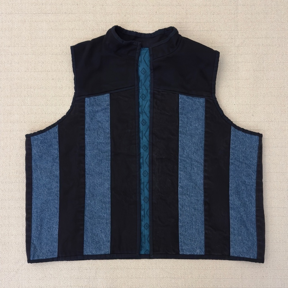 Vintage Black and Blue Striped Denim Vest